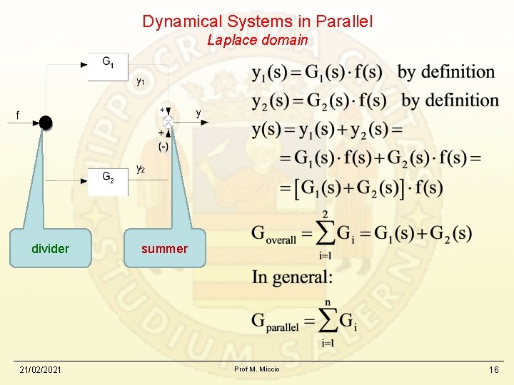 Dynamical Systems in Parallel Laplace domain divider 21/02/2021 summer Prof M. Miccio 16 
