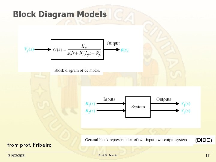 Block Diagram Models (DIDO) from prof. Pribeiro 21/02/2021 Prof M. Miccio 17 