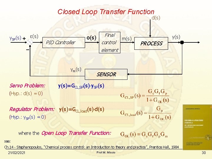 Closed Loop Transfer Function d(s) y. SP(s) + ε(s) PID Controller − ym(s) Servo