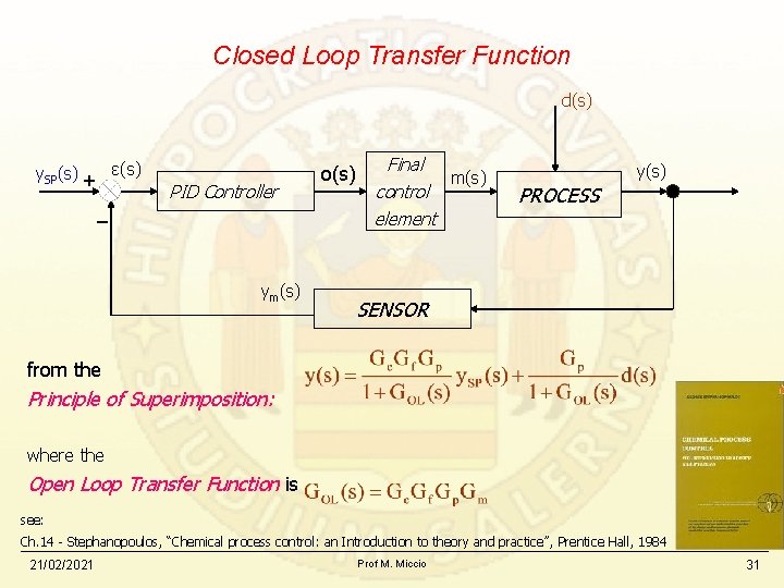 Closed Loop Transfer Function d(s) y. SP(s) + ε(s) PID Controller − ym(s) o(s)