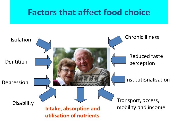 Factors that affect food choice Chronic illness Isolation Dentition Reduced taste perception Depression Institutionalisation