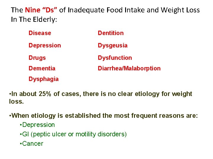 The Nine “Ds” of Inadequate Food Intake and Weight Loss In The Elderly: Disease