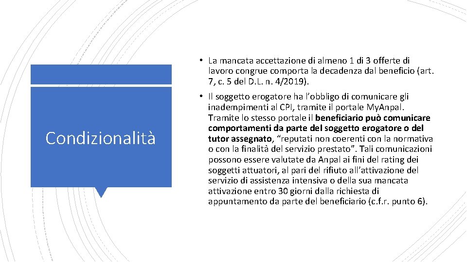  • La mancata accettazione di almeno 1 di 3 offerte di lavoro congrue