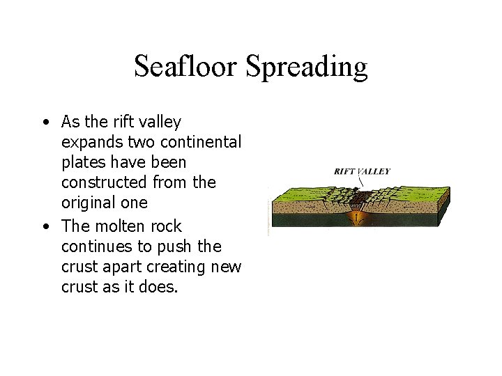 Seafloor Spreading • As the rift valley expands two continental plates have been constructed