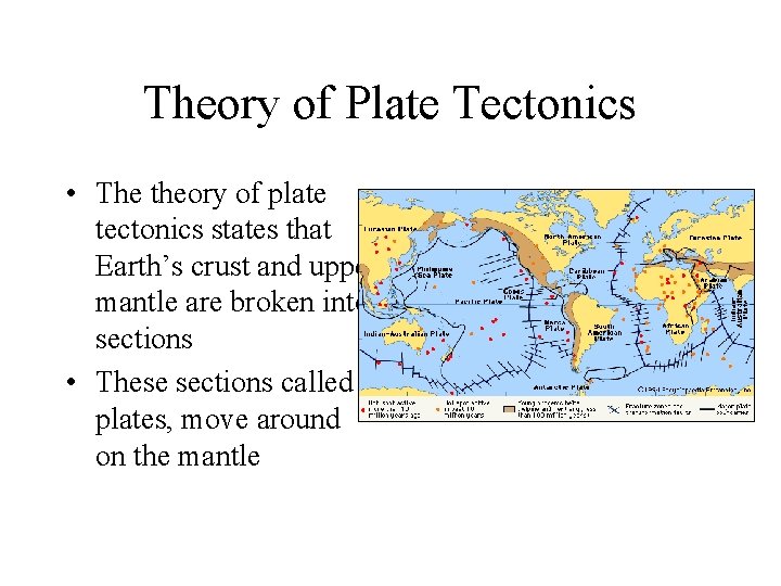 Theory of Plate Tectonics • The theory of plate tectonics states that Earth’s crust