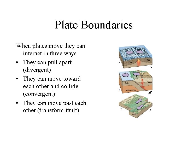 Plate Boundaries When plates move they can interact in three ways • They can