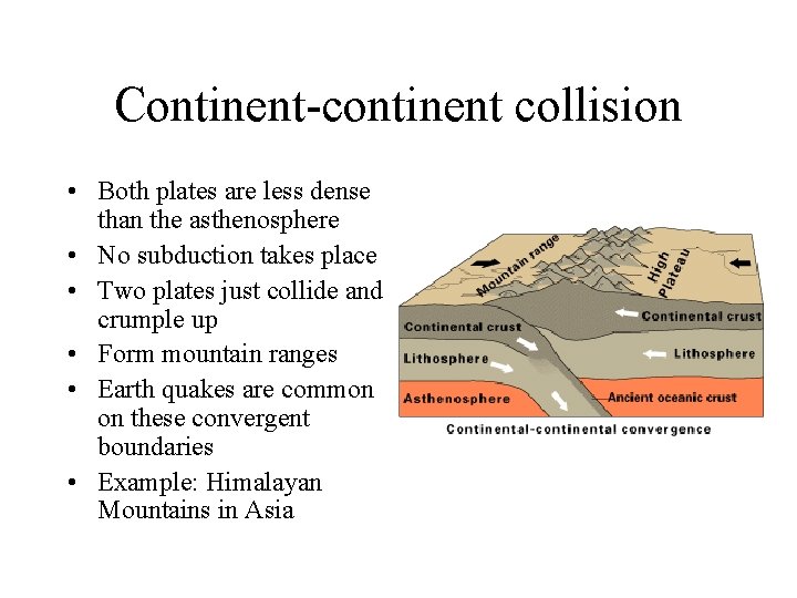 Continent-continent collision • Both plates are less dense than the asthenosphere • No subduction