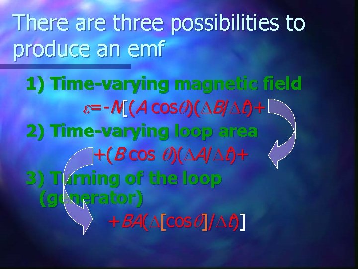 There are three possibilities to produce an emf 1) Time-varying magnetic field e=-N[(A cos