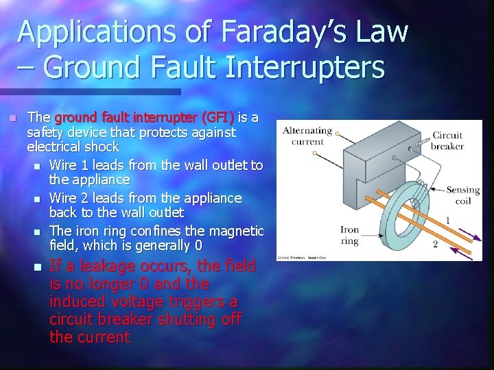 Applications of Faraday’s Law – Ground Fault Interrupters n The ground fault interrupter (GFI)