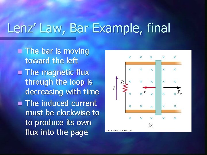 Lenz’ Law, Bar Example, final The bar is moving toward the left n The