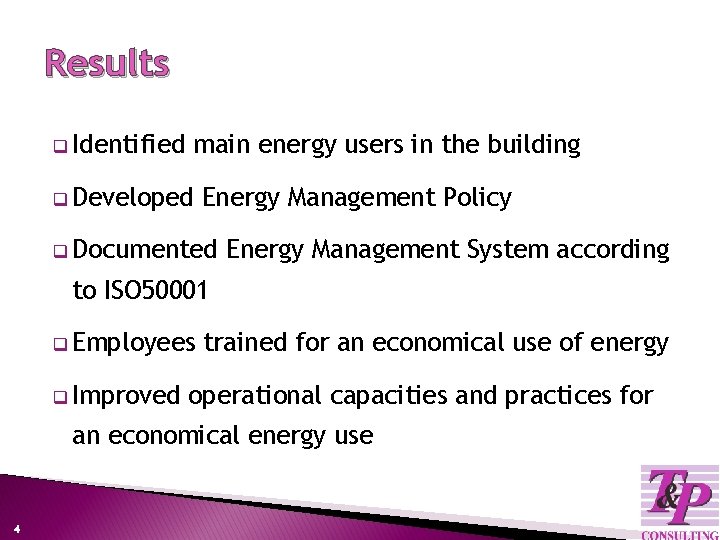 Results q Identified main energy users in the building q Developed Energy Management Policy