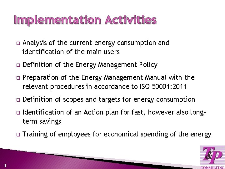 Implementation Activities 5 q Analysis of the current energy consumption and identification of the