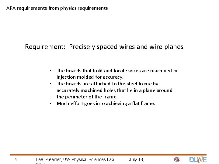 APA requirements from physics requirements Requirement: Precisely spaced wires and wire planes • The