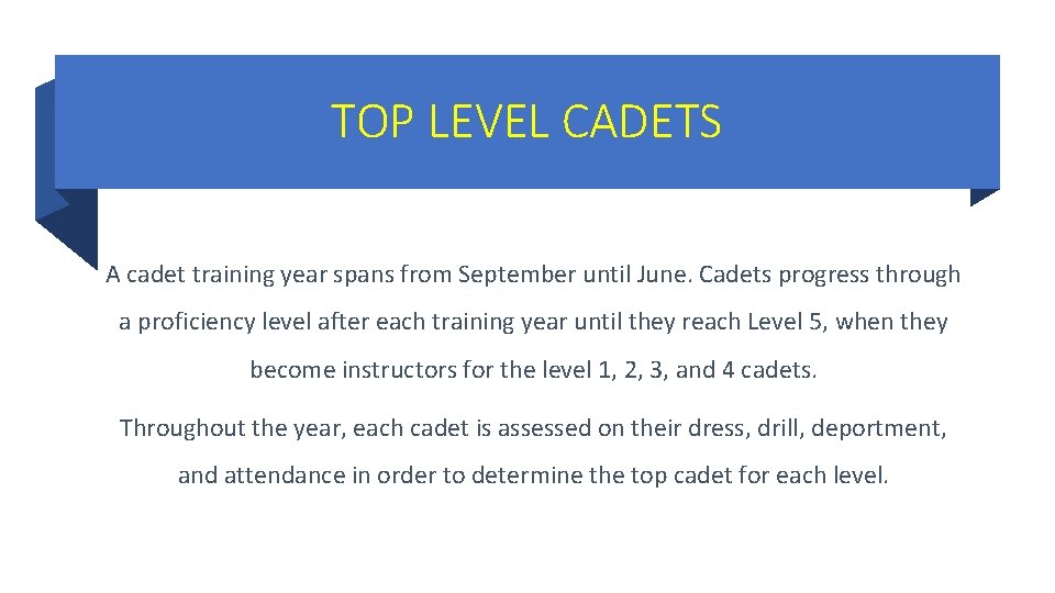 TOP LEVEL CADETS A cadet training year spans from September until June. Cadets progress TOP LEVEL CADETS A cadet training year spans from September until June. Cadets progress