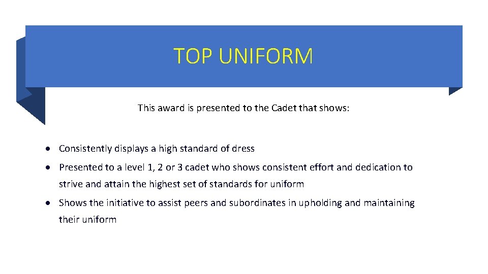 TOP UNIFORM This award is presented to the Cadet that shows: Consistently displays a TOP UNIFORM This award is presented to the Cadet that shows: Consistently displays a