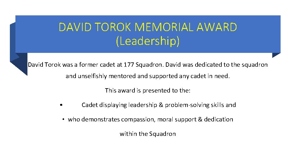 DAVID TOROK MEMORIAL AWARD (Leadership) David Torok was a former cadet at 177 Squadron. DAVID TOROK MEMORIAL AWARD (Leadership) David Torok was a former cadet at 177 Squadron.