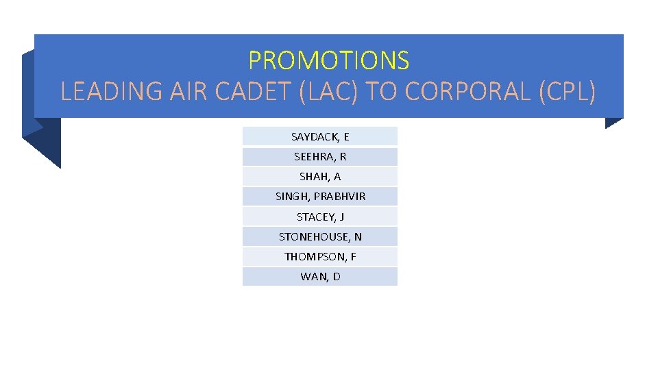 PROMOTIONS LEADING AIR CADET (LAC) TO CORPORAL (CPL) SAYDACK, E SEEHRA, R SHAH, A PROMOTIONS LEADING AIR CADET (LAC) TO CORPORAL (CPL) SAYDACK, E SEEHRA, R SHAH, A