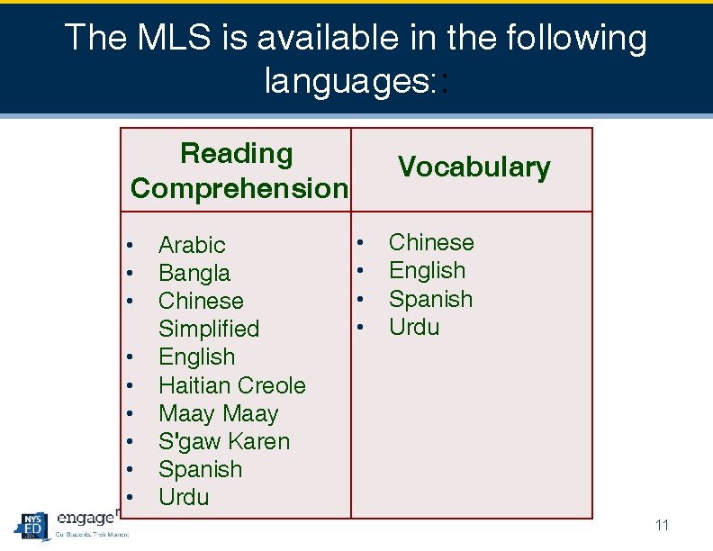 The MLS is available in the following languages: : Reading Comprehension • • •