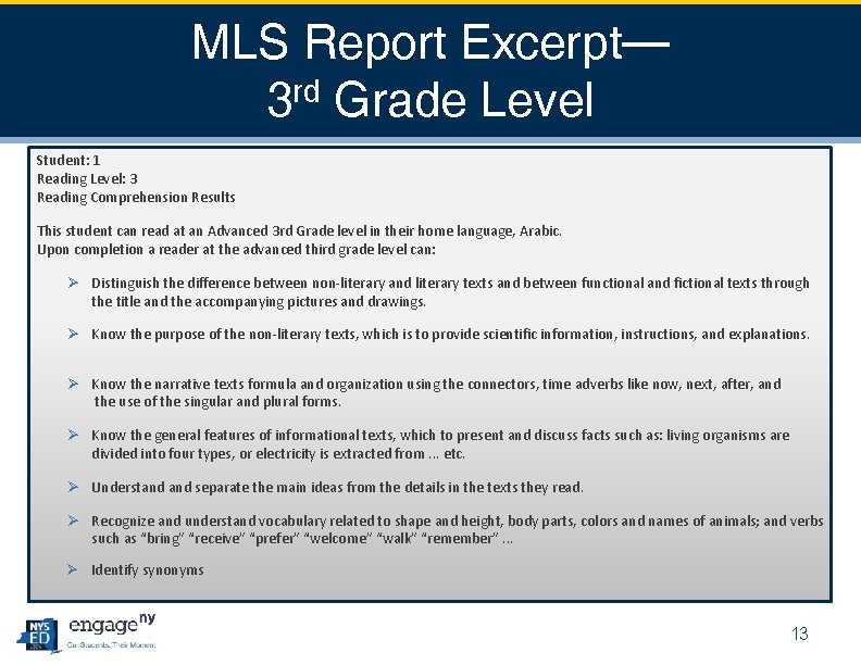 MLS Report Excerpt— 3 rd Grade Level Student: 1 Reading Level: 3 Reading Comprehension