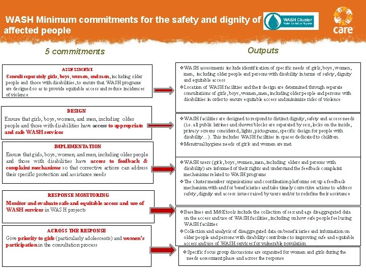 WASH Minimum commitments for the safety and dignity of affected people 5 commitments ASSESSMENT