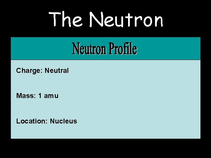 The Neutron Charge: Neutral Mass: 1 amu Location: Nucleus 