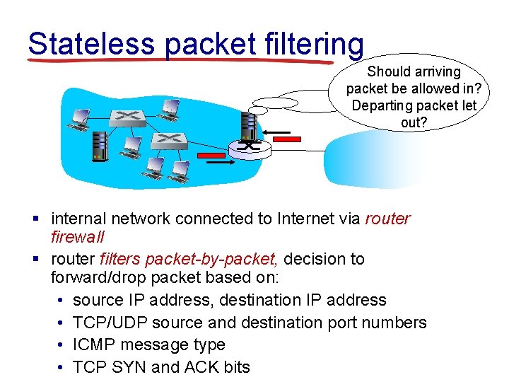 Stateless packet filtering Should arriving packet be allowed in? Departing packet let out? §
