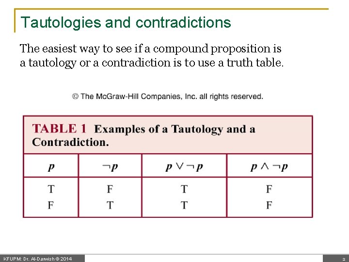 Tautologies and contradictions The easiest way to see if a compound proposition is a