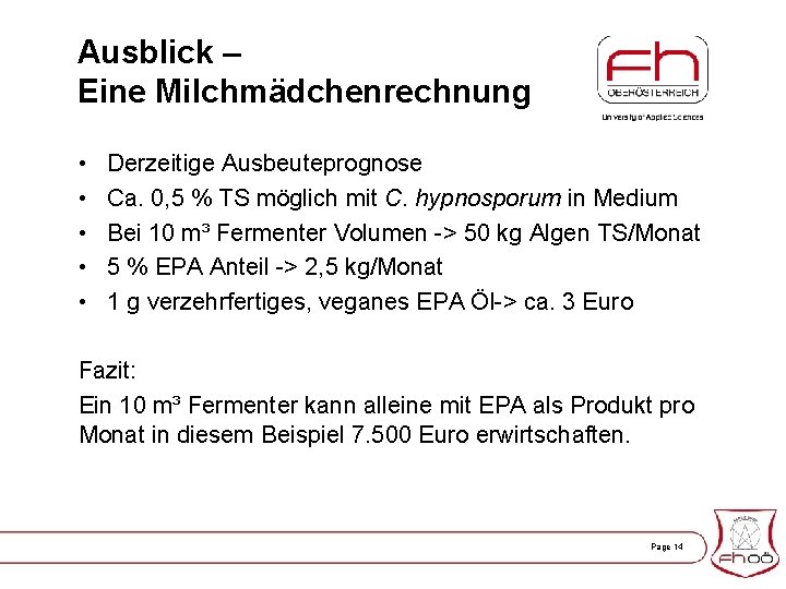 Ausblick – Eine Milchmädchenrechnung • • • Derzeitige Ausbeuteprognose Ca. 0, 5 % TS