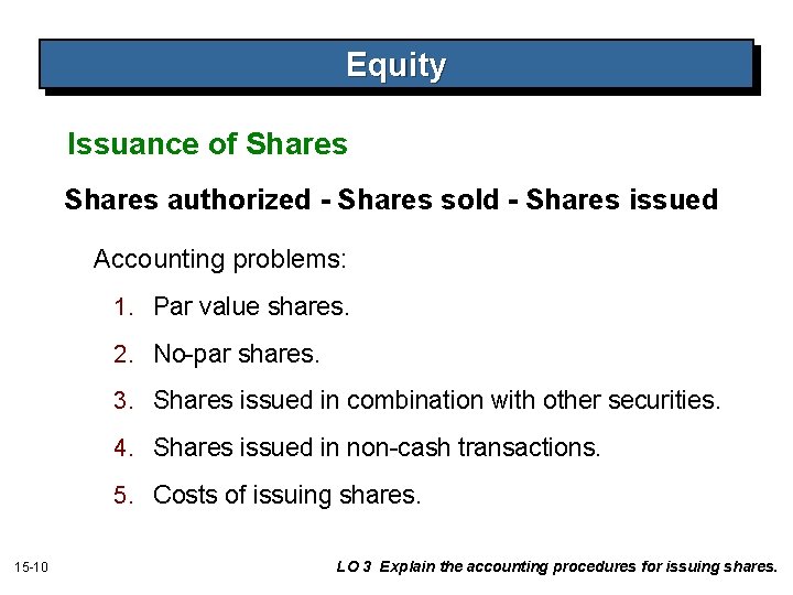 Equity Issuance of Shares authorized - Shares sold - Shares issued Accounting problems: 1. Equity Issuance of Shares authorized - Shares sold - Shares issued Accounting problems: 1.