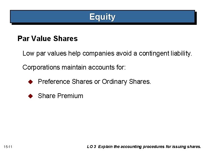 Equity Par Value Shares Low par values help companies avoid a contingent liability. Corporations Equity Par Value Shares Low par values help companies avoid a contingent liability. Corporations