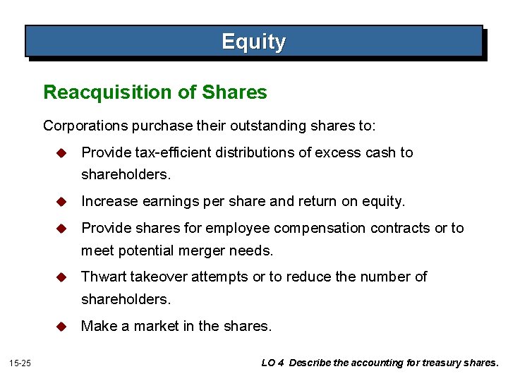 Equity Reacquisition of Shares Corporations purchase their outstanding shares to: 15 -25 u Provide Equity Reacquisition of Shares Corporations purchase their outstanding shares to: 15 -25 u Provide