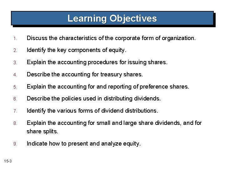Learning Objectives 15 -3 1. Discuss the characteristics of the corporate form of organization. Learning Objectives 15 -3 1. Discuss the characteristics of the corporate form of organization.