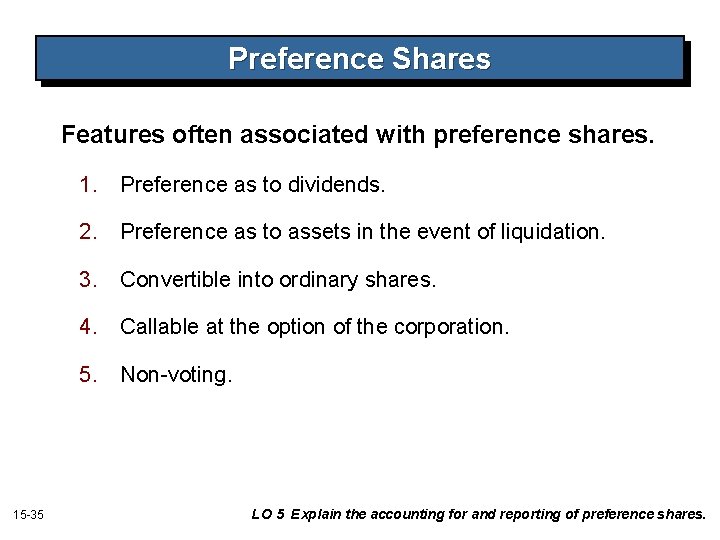 Preference Shares Features often associated with preference shares. 1. Preference as to dividends. 2. Preference Shares Features often associated with preference shares. 1. Preference as to dividends. 2.