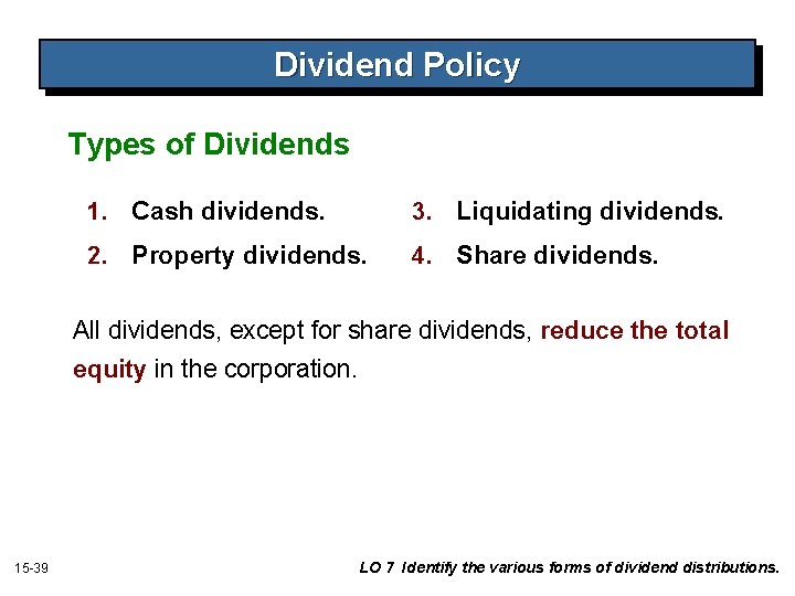 Dividend Policy Types of Dividends 1. Cash dividends. 3. Liquidating dividends. 2. Property dividends. Dividend Policy Types of Dividends 1. Cash dividends. 3. Liquidating dividends. 2. Property dividends.