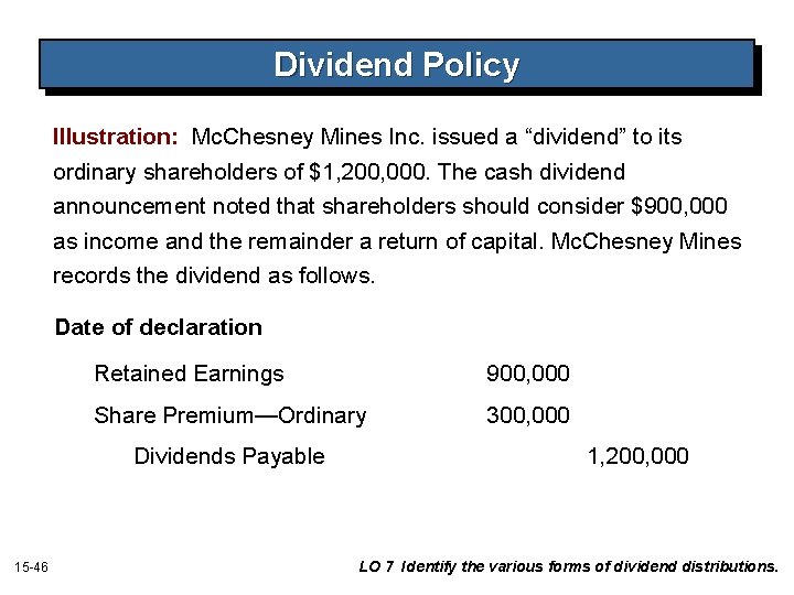 Dividend Policy Illustration: Mc. Chesney Mines Inc. issued a “dividend” to its ordinary shareholders Dividend Policy Illustration: Mc. Chesney Mines Inc. issued a “dividend” to its ordinary shareholders