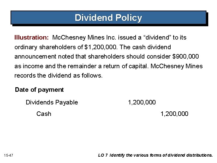 Dividend Policy Illustration: Mc. Chesney Mines Inc. issued a “dividend” to its ordinary shareholders Dividend Policy Illustration: Mc. Chesney Mines Inc. issued a “dividend” to its ordinary shareholders