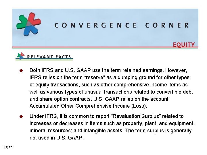 15 -60 u Both IFRS and U. S. GAAP use the term retained earnings. 15 -60 u Both IFRS and U. S. GAAP use the term retained earnings.
