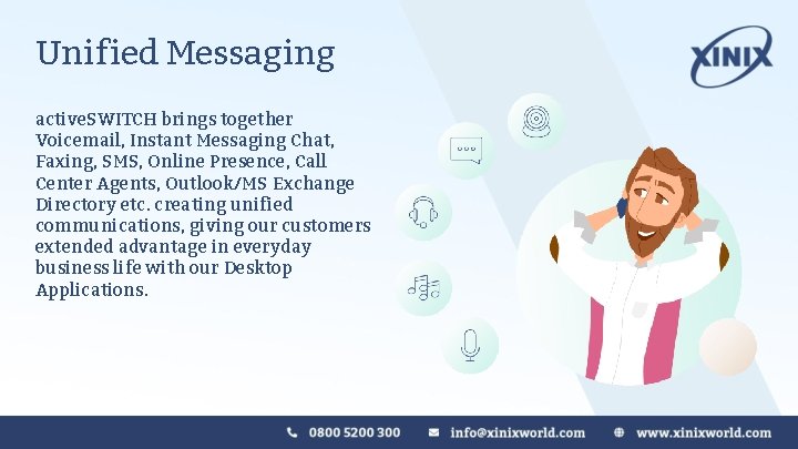 Unified Messaging active. SWITCH brings together Voicemail, Instant Messaging Chat, Faxing, SMS, Online Presence, Unified Messaging active. SWITCH brings together Voicemail, Instant Messaging Chat, Faxing, SMS, Online Presence,