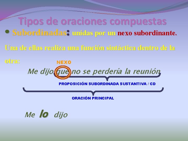 Tipos de oraciones compuestas • Subordinadas: unidas por un nexo subordinante. Una de ellas