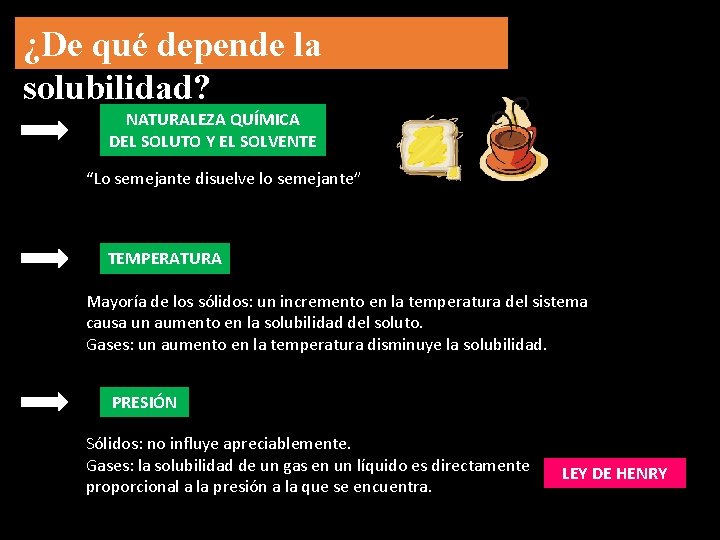 ¿De qué depende la solubilidad? NATURALEZA QUÍMICA DEL SOLUTO Y EL SOLVENTE “Lo semejante