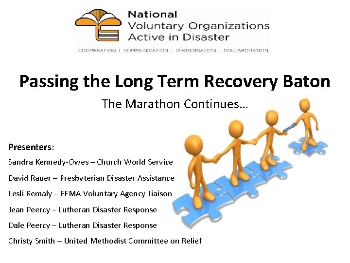 Passing the Long Term Recovery Baton The Marathon Continues… Presenters: Sandra Kennedy-Owes – Church