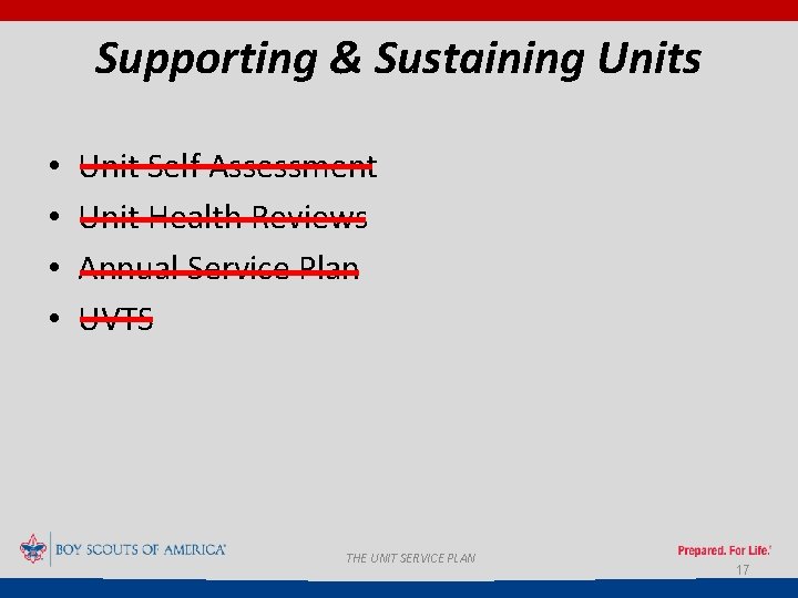 Supporting & Sustaining Units • • Unit Self Assessment Unit Health Reviews Annual Service