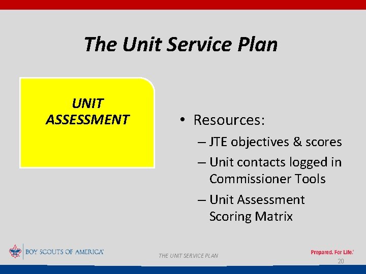 The Unit Service Plan UNIT ASSESSMENT • Resources: – JTE objectives & scores –