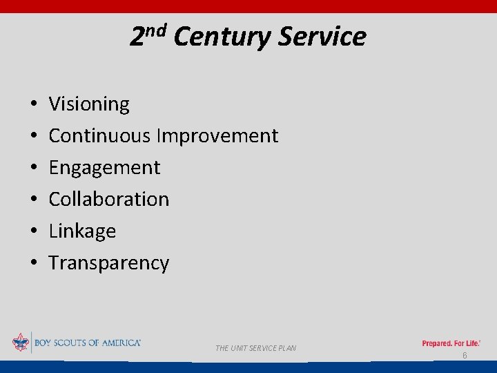 2 nd Century Service • • • Visioning Continuous Improvement Engagement Collaboration Linkage Transparency