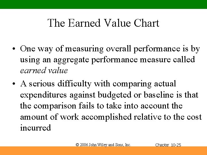 The Earned Value Chart • One way of measuring overall performance is by using