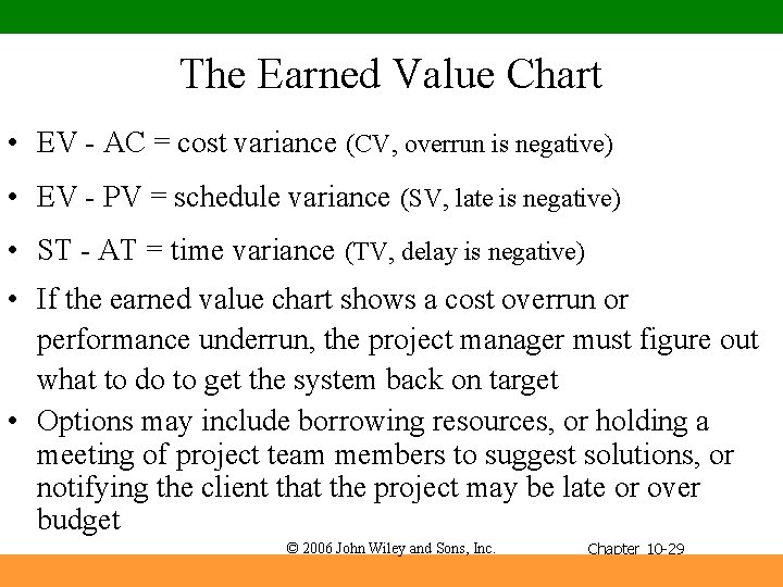 The Earned Value Chart • EV - AC = cost variance (CV, overrun is