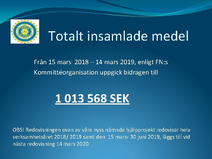 Totalt insamlade medel Från 15 mars 2018 – 14 mars 2019, enligt FN: s