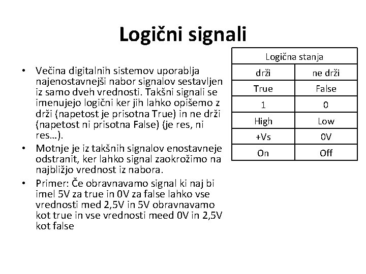 Logični signali Logična stanja • Večina digitalnih sistemov uporablja najenostavnejši nabor signalov sestavljen iz