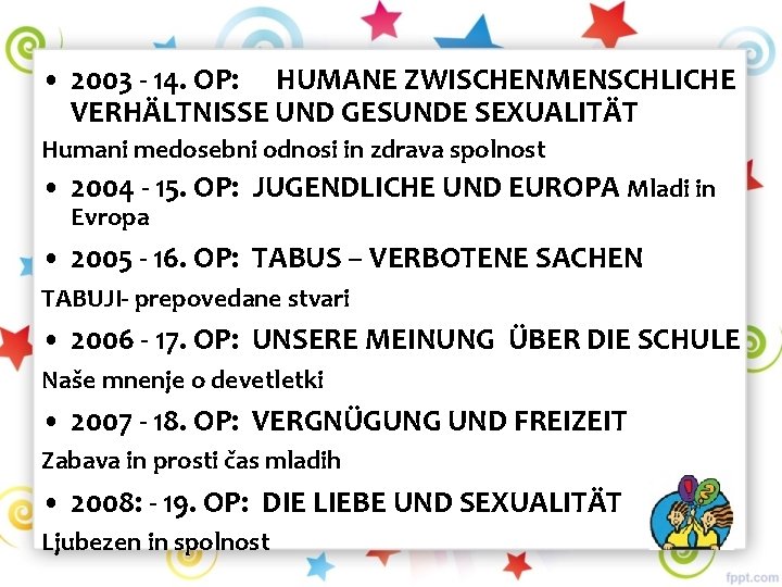  • 2003 - 14. OP: HUMANE ZWISCHENMENSCHLICHE VERHÄLTNISSE UND GESUNDE SEXUALITÄT Humani medosebni