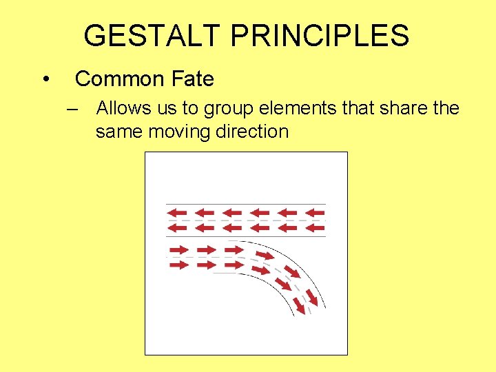 GESTALT PRINCIPLES • Common Fate – Allows us to group elements that share the